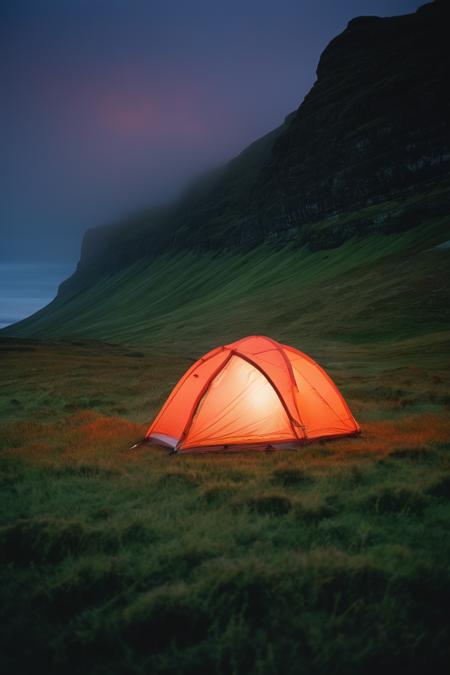 breathtaking 135mm IMAX cinematic night shot, a glowing (Coral Color) tent pitched in the green grass near cliffs, in the style of low speed film, cold misty dark sky scottish landscapes, dusty piles, figura serpentinata, wilderness, photo taken with provia at dim light night, adventure themed, Kodak Professional Portra 400, meticulously crafted scene, cinematic bloom, halation, haze,