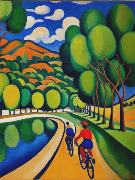 <lyco:AndreDerain:1.0> cyclist Andr Derain pecan tree canal mountain