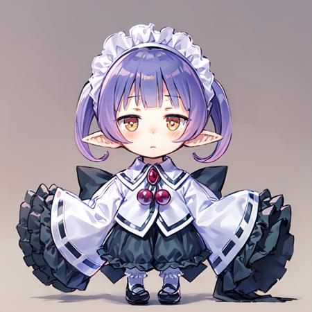 femalechim, 1girl, solo, masterpiece, best quality, pointy ears, maid headdress, purple hair, sleeves past wrists, white background, full body, chibi, simple background, blush, shoes, bow, jewelry, <lora:chimfemale1a-000014:0.8>