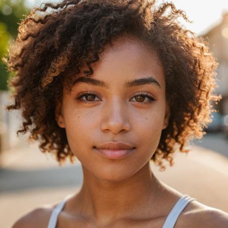 high-details, high-quality, realistic, 
blurred background, summer warm colors, bokeh,
realistic close-up photo, shot with Nikon D8500 f1.6 55mm, DOF,

side shot from above the should, RAW photo of beautiful 20 years old African-French young woman with afro hairstyle, sharp focus on face and eyes, brown eyes, chin up, looking at the viewer, eye contact, (smiling:0.95), detailed skin, peach fuzz on skin, golden hour natural lights, soft shadows,