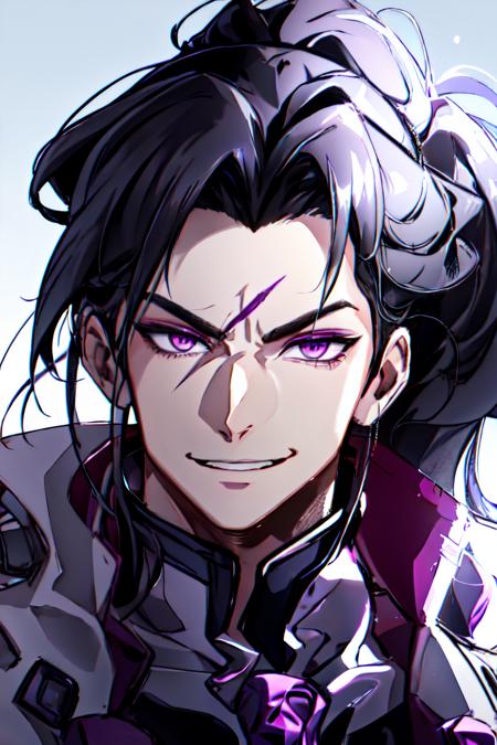 detailed face, detailed eyes, scar, cinematic lighting, purple eyes, bishounen, high ponytail,  smile, portrait,  1boy, best quality, reflective skin, reflective hair, masterpiece, highres, best quality, <lora:ArbiterVer1:1>