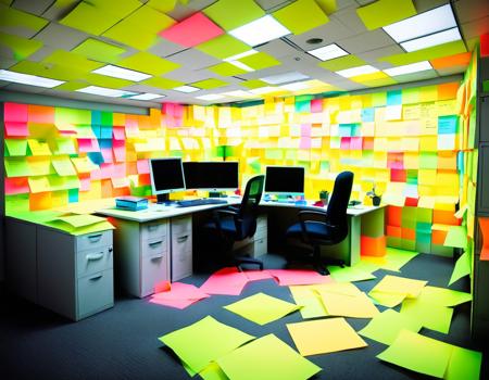office cubicle fort made out of Jed-StickyN, white flourescent lighting, harsh lighting, office computers, liminal space  <lora:StickyNotesStyle:1>