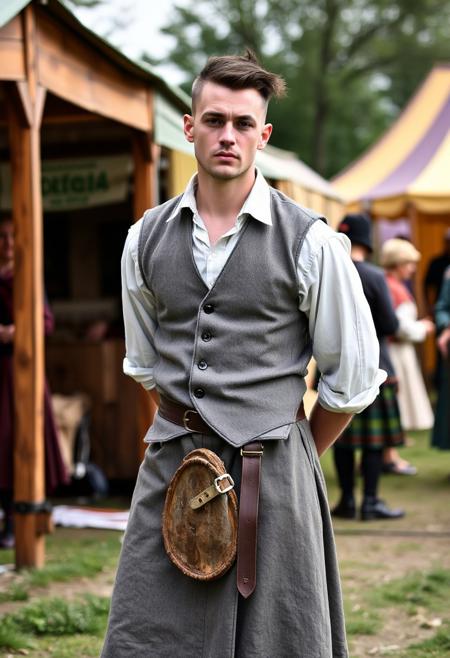 An androgynous man at a renaissance fair wearing a grey canvas kilt, wide-collared shirt, and a grey spotted vest.