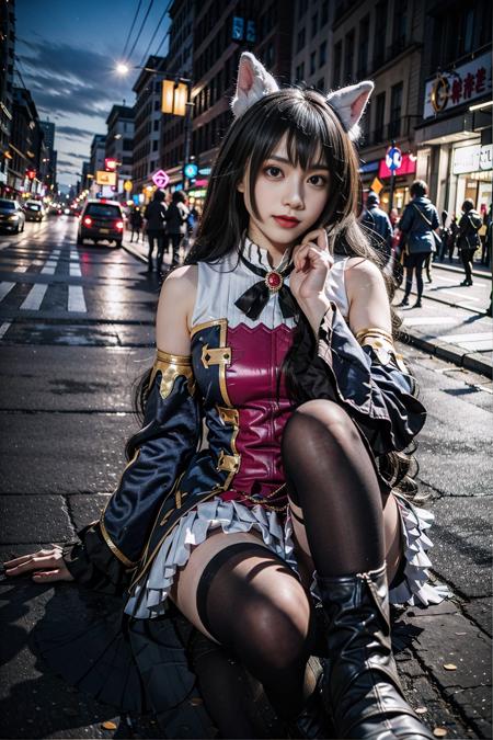 best quality, masterpiece, realistic, (photorealistic:1.4), 1girl, solo, full body, karyl costplay costume, cosplay, animal ears, detached sleeves, thighhighs, boots, sitting, detailed background, in street, night, <lora:karyl_cosplay_costume_v1:0.7>