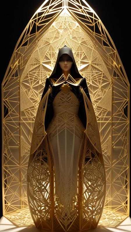 Kirigami representation of woman,cloaked, yearning to explore. Gradient mastery, ink, gold leaf, and alcohol ink elements. Cinematic realism, luminism, and pollution-choked industrial landscape . 3D, paper folding, paper cutting, Japanese, intricate, symmetrical, precision, clean lines