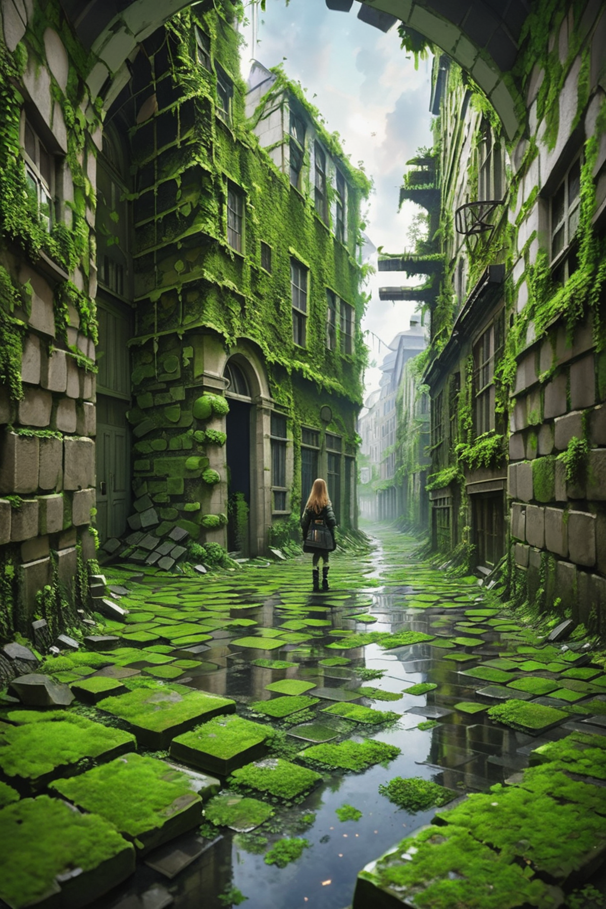 "A woman walking down a green-covered alley with a backpack on"
