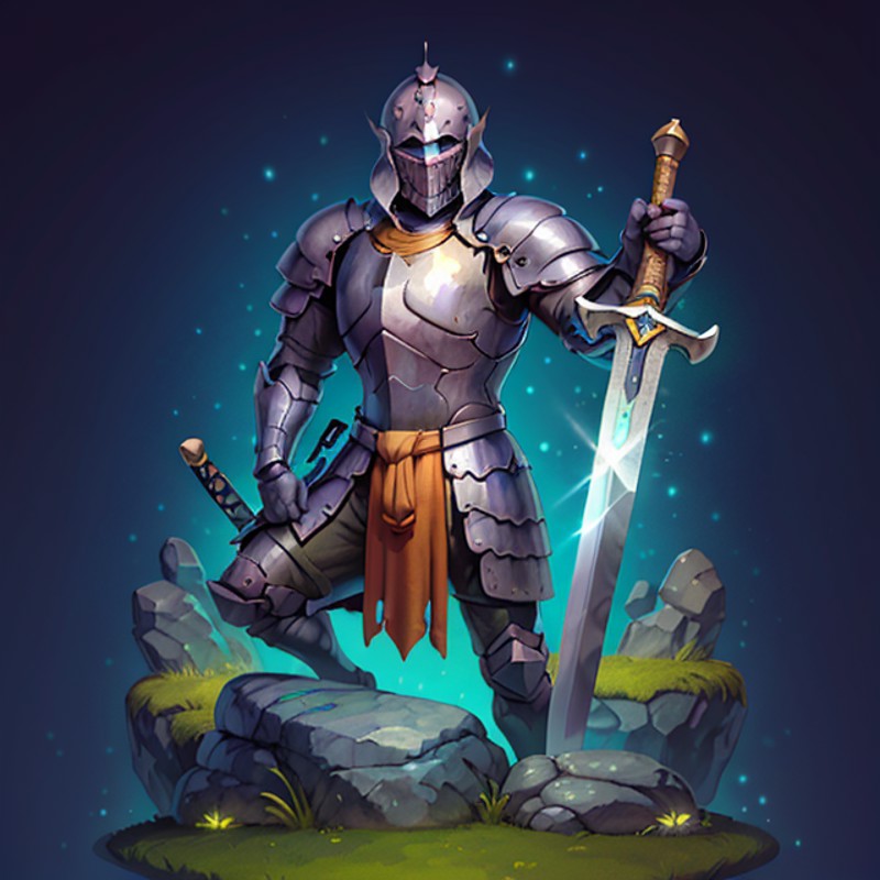 icon of stone statue of medieval knight, planted sword, rock, grass, cyan glow, dark background, gradient background,  <lo...