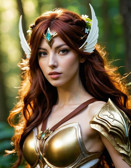 Cosplay-Videogames, Warframe's Titania: Fairy Warrior Bright, shining eyes, long, curly brown hair that falls in loose waves down her shoulders, a slender yet athletic build, a small, determined nose, and a confident, fearless stance that exudes her brave and powerful personality. Her smooth, porcelain-like skin has a warm, golden glow, and her full lips are set in a determined, resolute line. With her sword and fairy magic, she embodies the spirit of strength and agility. Her brown hair is accentuated by a pair of delicate, fairy wings, perfectly capturing the essence of her fairy and warrior-like character. With a cinematic quality to her presence, Titania is a true heroine, shining bright with a sense of wonder and magic, as the soft light casts a mystical glow on her face, illuminating her inner world of fantasy and adventure.