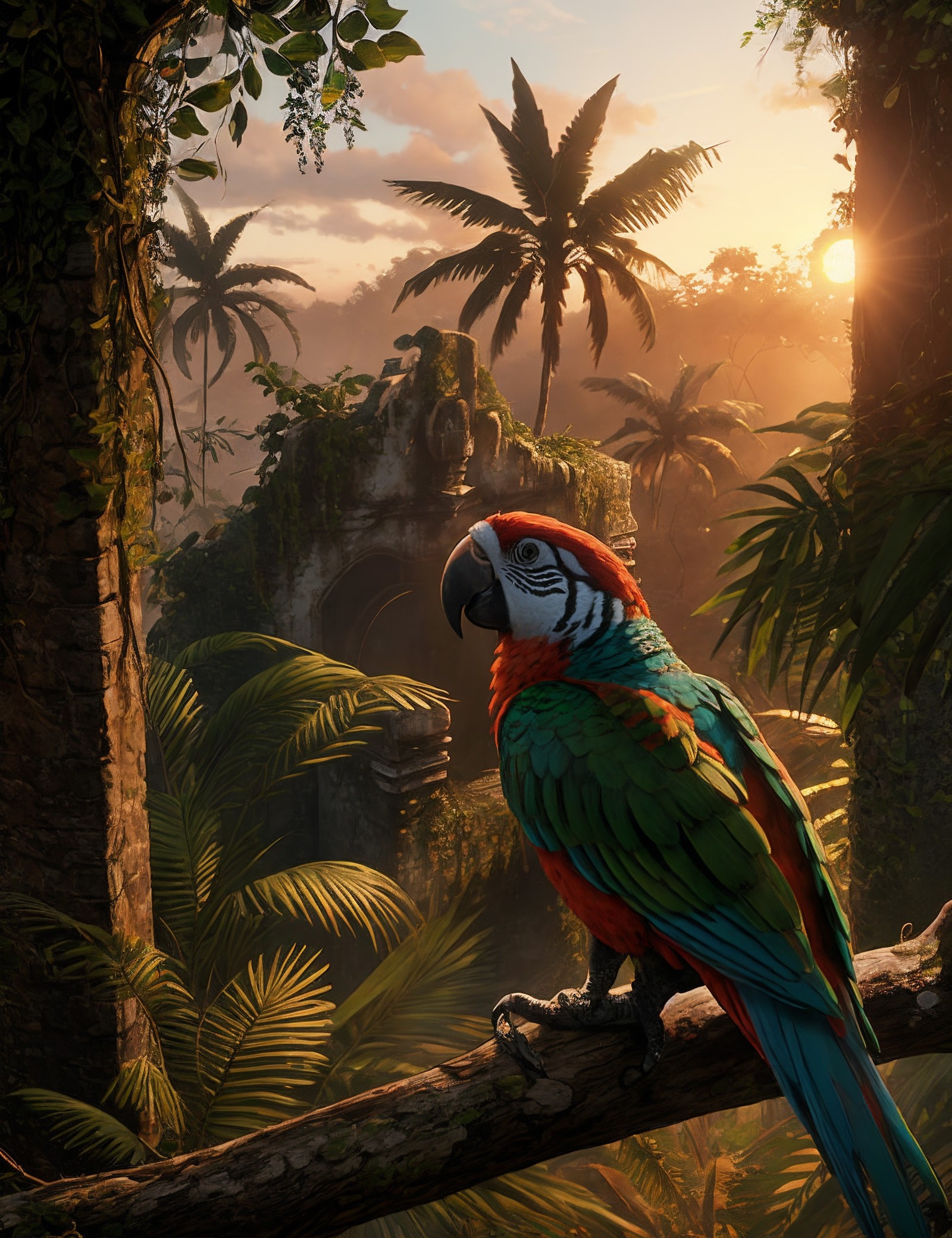 a parrot sits on a branch, jungle ruin in cav_rdrguarma,
sunset  
8k dslr photograph with film grain
<lora:cav_rdrguarma:.6>