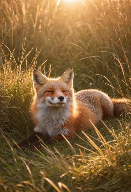 A relaxed fox lying in tall grass at golden hour, its head slightly tilted back, eyes closed, with what looks like a soft smile across its face. The setting sun flares through the grass, creating dreamy lens flare and highlighting the warm reds and whites of the fox’s coat. Style inspired by Roeselien Raimond — glowing light, expressive wildlife portraiture, and a sense of quiet happiness in nature.