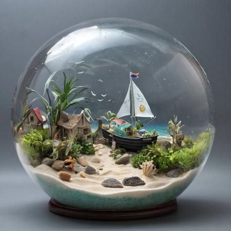 Eye-pleasing spherical glass terrarium containing tiny suny seascape with beach ocean waves sea water and boat. Outside the 3D terrarium, 
a child is sitting and creating a storm inside it by blowing into the terrarium. The tiny sailor inside the terrarium looks at the child in horror and pleads with him to refrain from blowing., 
hd