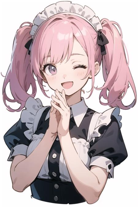 (finely best quality illustration:1.2), (kawaii girl:1.0), (1girl, solo:1.0), (pink hair, twintails:1.0), (maid:1.0), (smile, :D, one eye closed:0.9), (asking pose, pose with hands together to ask for help:1.0), (upper body, close-up of face:1.0), (white background:1.0), (ultra-detailed, highres:1.0),