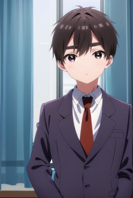 rentarouaijou, <lora:rentarou aijou s1-lora-nochekaiser:1>,
rentarou aijou, black hair, (brown eyes:1.3), thick eyebrows, short hair, hair between eyes,
BREAK school uniform, necktie, formal, suit, red necktie,
BREAK indoors, classroom,
BREAK looking at viewer, (cowboy shot:1.5),
BREAK <lyco:GoodHands-beta2:1>, (masterpiece:1.2), best quality, high resolution, unity 8k wallpaper, (illustration:0.8), (beautiful detailed eyes:1.6), extremely detailed face, perfect lighting, extremely detailed CG, (perfect hands, perfect anatomy),