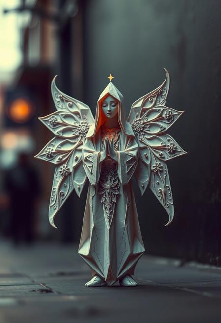 Intricate origami style image, ethereal spiritual vibe, depicting a heartwarming street art figure with celestial motifs and nature-inspired themes, rich moody colors, soft textures, layered elements, folded paper look, geometric precision, dreamlike figures, surreal compositions.
