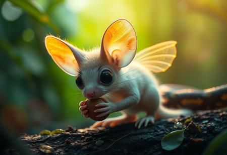 furry little translucent mammal in a rain forest zoomed in, rainbow of light reflection off dew, green and vivid colors, wild fog, large eyes, transparent body, invisible like a jelly fish, huge ears, cute, adorable, eating a nut, fungal hair, see through, wings, amazing atmosphere, snake in background, mystical realm, floating orbs of light