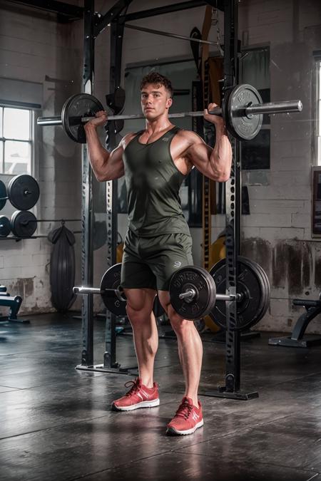 gym, weight room, DustinKane, sexytrainer, sweaty, tank top, dark green shorts, sneakers, holding barbell, (((full body portrait))), wide angle,   <lora:DustinKane:0.75>   <lora:Clothing - Sexy Personal Trainer:0.65>