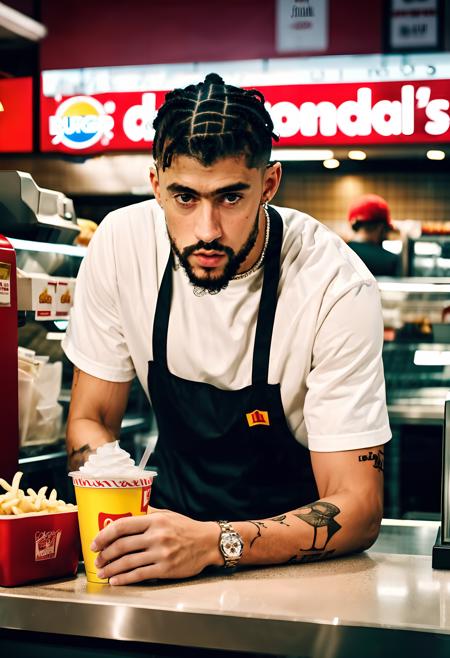 cinematic photo badbunny a man working at a super market in the collection box,  <lora:badbunny-000006:1>, rolex watch, raw phot . 35mm photograph, film, bokeh, professional, 4k, highly detailed