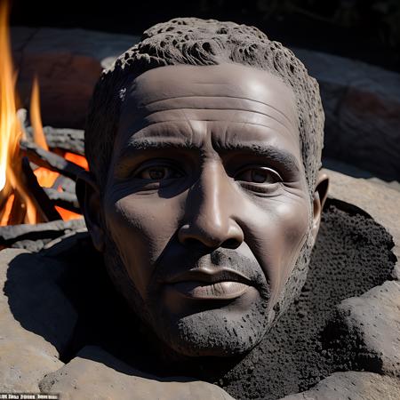 (masterpiece)+, (best quality)+, (Intricate detail)+, a man's face made entirely out of volcanic basalt, hovering over a fire pit