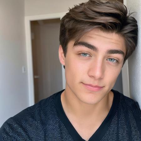 In this photo of 20-year-old Asher Angel, he stands with his back to the camera, turning his head to face it. His eyes are a deep and captivating blue, framed by long lashes. His eyebrows are well-groomed, and his straight nose complements his facial features. His lips are naturally plump, giving him a youthful look.
As he looks at the camera, there's a subtle intensity in his expression,. The light in his eyes adds depth to the photo. The image also reveals the strong contours of his back and shoulders, hinting at his athletic physique.backview, face, perfect eyes, wearing black shirt, full body, good pupils,full body, dtrong legs, tight ass