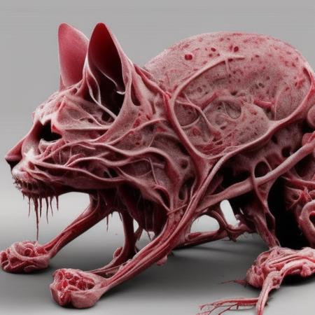 A cat made out of piles of organic tissue, disgusting ligament muscle tissue tendon sinew, wet, dripping, internal, organic, venereal horror peeling intense dark horror biological, terrifying living hell brutal overwhelming dread suffering emotional