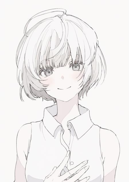 masterpiece,best quality,1girl, solo, upper_body, smile, grey_eyes, ahoge, bangs, short_hair, eyebrows_visible_through_hair, wing_collar, white_shirt, looking_at_viewer, simple_background, white_background