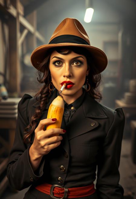 A transexual prostitute wearing a IT terror costume, borsalino hat, great depression vibes, holding a banana, smoking a cigarette, country factory italian background, looking at viewer, masterpiece, 4k, highly detailed, best quality,