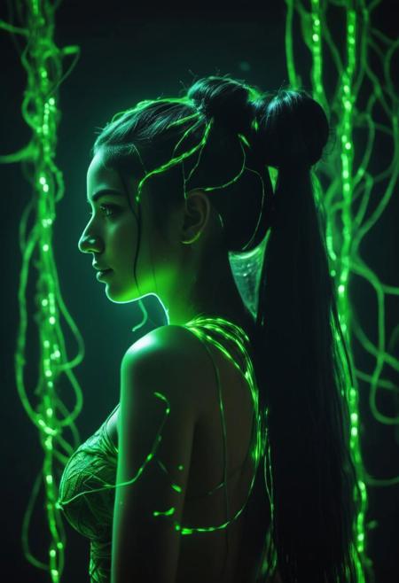 ((Ultra Long Exposure Photography))  Indian  woman with long black hair in space buns. She is the goddess of horticulture. She s covered in millions of microscopic ultra bright green neon strings emanating from her body. beautiful backlit silhouette, high detailed, covered in neon vines and leaves. Green color palette.