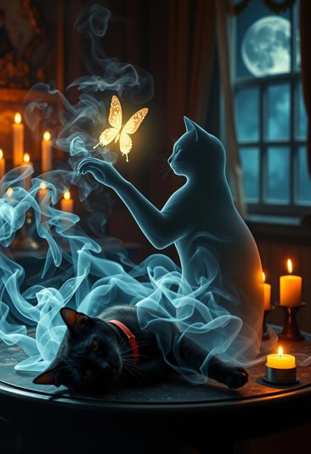 A mesmerizing image of ethereal smoke, illuminated by a heavenly glow, elegantly forming the silhouette of a lifelike cat. The smoke cat extends its paw, reaching toward a glowing, translucent butterfly, its core radiating with an otherworldly light. The smoke cat is positioned on a table beside the lifeless body of a black cat wearing a red collar, creating a poignant and mystical scene. The balance of smoke density and airiness gives an uncanny realism to the apparition.
The background unveils an enchanted, dimly lit space—candles flicker, incense burns, and moonlight streams through a nearby window, casting a dreamlike glow. The fusion of hyper-realistic 3D rendering, painterly textures, photographic realism, and illustrative vibrancy results in a visually striking masterpiece.