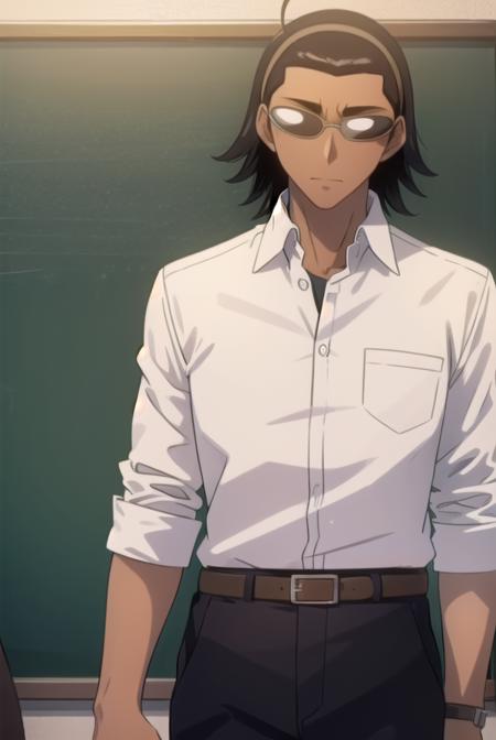 kenjiharima, <lora:kenji harima s2-lora-nochekaiser:1>,
kenji harima, black hair, male focus, glasses, dark skin, dark-skinned male hair band, ahoge,
BREAK school uniform, belt, shirt, white shirt, collared shirt, long sleeves, pants, black pants,
BREAK indoors, classroom,
BREAK looking at viewer, (cowboy shot:1.5),
BREAK <lyco:GoodHands-beta2:1>, (masterpiece:1.2), best quality, high resolution, unity 8k wallpaper, (illustration:0.8), (beautiful detailed eyes:1.6), extremely detailed face, perfect lighting, extremely detailed CG, (perfect hands, perfect anatomy),