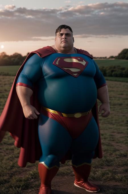 cinematic film still hyper realistic, a fat middle-aged man, (dressed as Superman:1.2), in the background an open field, sunset <lora:weight_slider_v2:2> <lora:curly_hair_slider_v1:5> . shallow depth of field, vignette, highly detailed, high budget Hollywood movie, bokeh, cinemascope, moody, epic, gorgeous, film grain, grainy