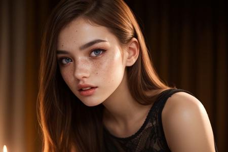 view from knees to head, wearing luxury outfit, a beautiful European girl, 18 years old, pale skin, highly detailed face, freckles, ultra detailed oiled sweaty dirty skin, petite, perfect tits,, detailed nipples, one fingertip barely in mouth, messy natural red hair, blue piercing eyes, eyes squinted, (lustful facial expression, lusty, lascivious:1.3), dark moody, luxury premium background, warm colors, accurate natural color graded photo, 4K film still, remarkable color, ultra realistic, candle light, texture quality high, shadow quality high, 32bit color, DLSS upscaled,bokeh, sharp focus on subject, nsfw, very detailed,high detailed texture,depth of field,cinematic illumination,reaction frame,8k,volumetric lighting,rating_questionable,detailed,