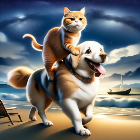 doggybackride, dog, cat, dog standing, night, stars, beach, dog giving a cat a piggy back ride