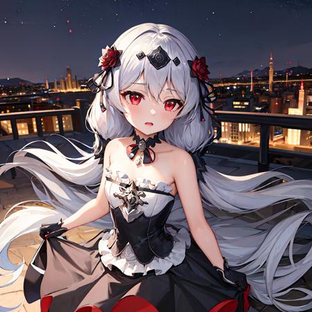 (masterpiece:1.2), (best quality:1.3), (absurdres:1.2), luna_kindred, 1girl, flat_chest, standing, cowboy_shot, red rose, black_dress, black_thighhighs, garter_belt, black_gloves, <lora:luna_kindred_l_v8-000015:1>, city_skyline, night, dark