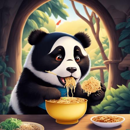 A panda eating lamen, Kids Book, KidsRedmAF ,<lora:StoryBookRedmond15Config4WithoutTE:1>