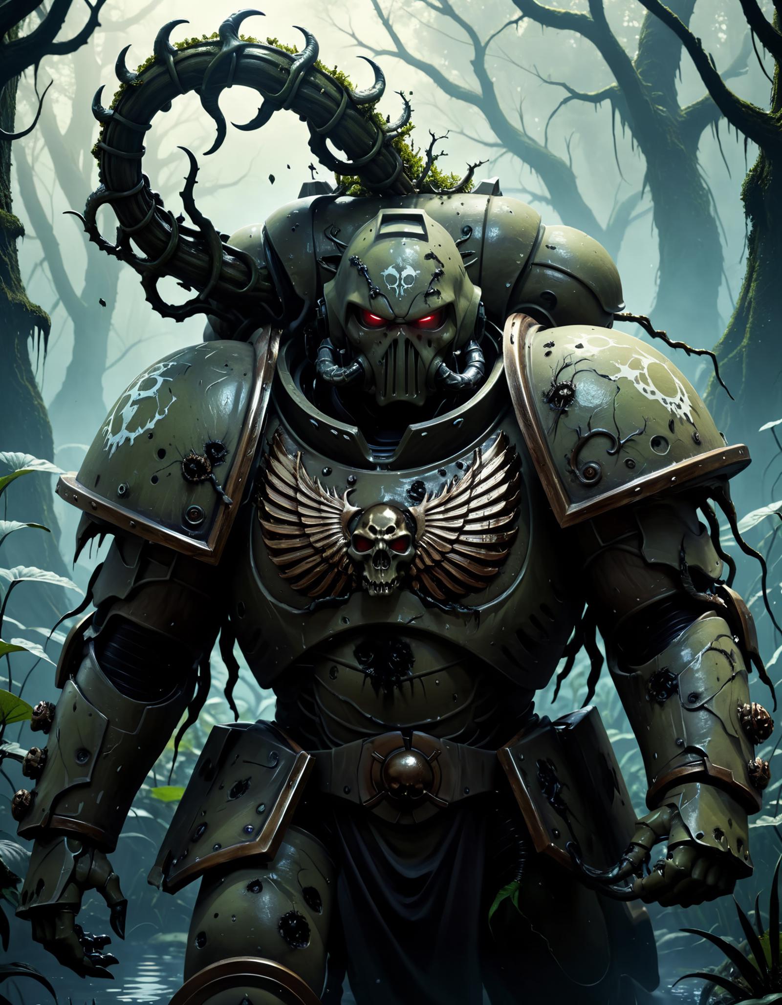 A dark and gory illustration of a warrior with metal armor, scary horns, and a skull on his chest.
