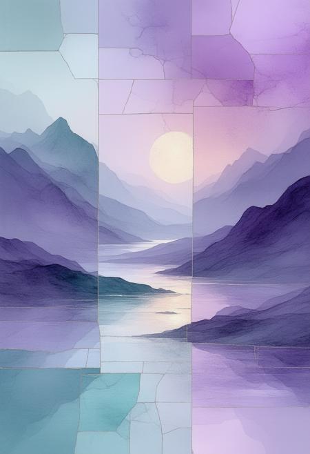 An ethereal and dreamlike depiction of a watercolor landscape, rendered in a fractured, stained-glass Cubist style. The scene shatters into geometric shards, revealing fragmented perspectives of rolling hills, a distant river reflecting a pastel sky, and a sense of boundless tranquility, all bathed in a soft, otherworldly glow. The palette utilizes delicate washes of lavender, pale turquoise, and rose quartz, punctuated by bold black outlines and a subtle, inner luminescence that seems to emanate from the landscape itself. Photorealistic details of the waterâs reflections, the foliage's subtle variations in color, and the distant mountains' jagged peaks harmonize with the abstract fragmentation, creating a captivating vision of a dreamscape. Ultra detailed, 8k resolution, volumetric lighting, octane render, emphasizing the interplay of light and shadow and a sense of serene wonder.