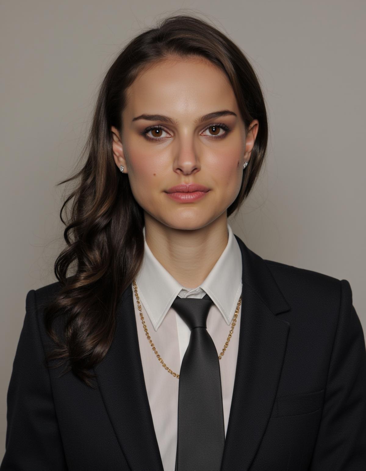 High quality passport photo of a woman wearing a suit and tie looking directly at the camera with her mouth closed and a neutral expression. She is also wearing a delicate gold chain and some understated diamond earrings.  <lora:Natalie_Portman_2004_FLUX_epoch_16:1>