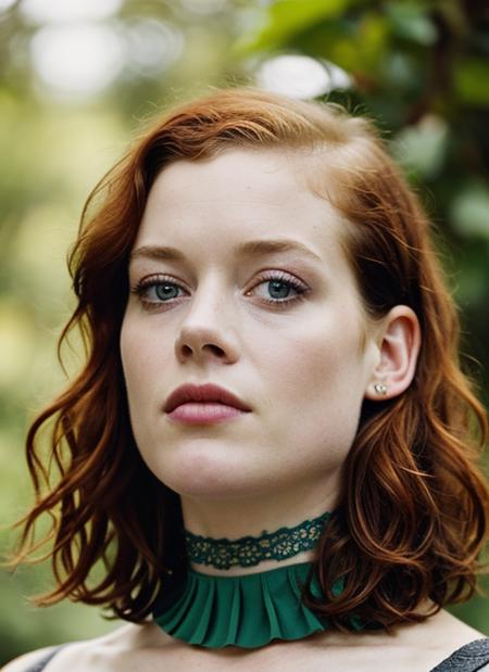 A stunning intricate color close up portrait of (sks woman:1) , wearing choker, epic character composition, sharp focus, natural lighting, subsurface scattering, f2, 35mm, film grain, , by Tim Walker, <lora:locon_janelevy_v1_from_v1_64_32:1>