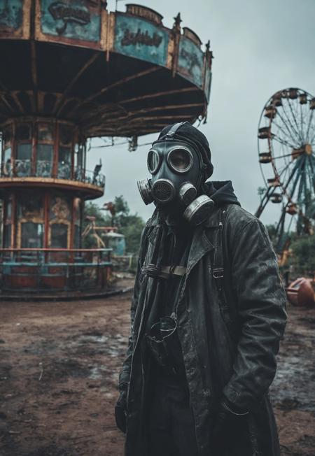 hypertdetailed photography, man with gas mask hiding far away, desolate, futuristic amusement park, overgrown and deteriorated, post apocalyptic, faded colors and broken rides, creepy atmosphere, interstellar, panorama shot, rainy, desaturated, dramatic lighting, desaturated background, bokeh, dark theme, soothing tones, depth of field, dramatic backlighting, film grain, Surreal Harmony, 8k uhd, high quality, hdr, sharp photography