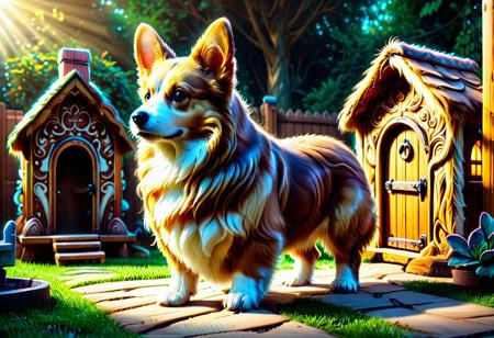 a Pembroke Welsh Corgi made of w00kiee, standing next to a doghouse in a backyard, intricate details, morning light, raw photo, cinematic, highly detailed, bright colors, aesthetic, fine detail, polished, complex, vibrant, symmetry, full color, perfect, ambient, unique, illuminated, epic, best, artistic, quality, dramatic, beautiful, stunning, flawless, extremely, very inspirational