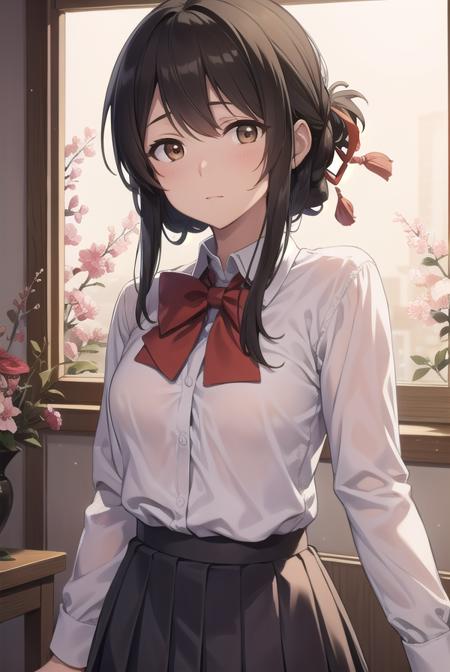 mitsuhamiyamizu, <lora:mitsuhatest:1>,
mitsuha miyamizu, black hair, (brown eyes:1.5), hair ribbon, (small breast:1.2),
BREAK bow, bowtie, kneehighs, pleated skirt, red bow, red bowtie, school uniform, skirt, white shirt, long sleeves,
BREAK looking at viewer,
BREAK indoors, classroom,
BREAK <lora:GoodHands-vanilla:1>, (masterpiece:1.2), best quality, high resolution, unity 8k wallpaper, (illustration:0.8), (beautiful detailed eyes:1.6), extremely detailed face, perfect lighting, extremely detailed CG, (perfect hands, perfect anatomy),