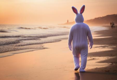Artistic Lifestyle photography. A man in a full body bunny costume walks along the beach at sunset.