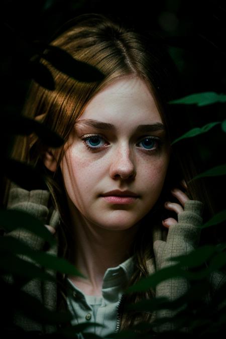 a woman exploring a forest at night, cinematic lighting, perfect evening, highly detailed face, (amateur, candid), RAW, 8K, UHD, (close up, head shot), [smiling:0.5], <lora:dakotaFanning:1>