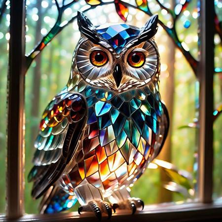 cs-cr1stal-v2, score_9, score_8_up, score_7_up, score_6_up, score_5_up, score_4_up score_9,score_8_up, a realistic owl made of stained glass with stained glass feathers on a forest background made of stained glass, wearing a cat cap