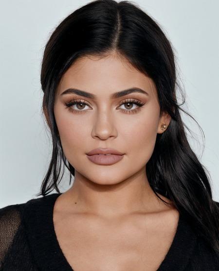 paparazzi photography  of of kyliejenner, <lora:kyliejenner_512-000098:0.6>  , black hair, eyes shadow ,dark lighting, in a photo studio, close up on face, Midday , Cardigan,