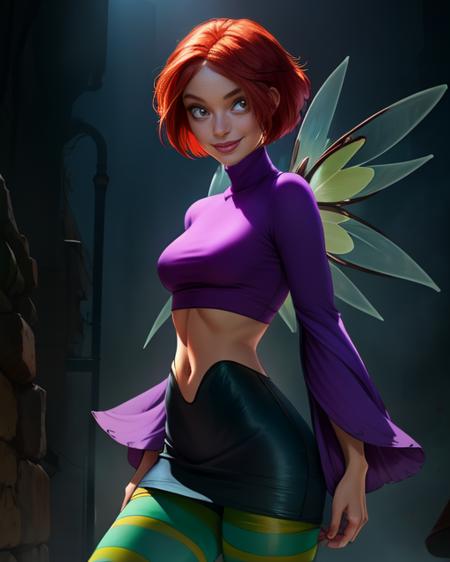 Will, short red hair, brown, solo, standing, smiling,  cowboyshot
Vandom,midriff ,wide sleeves, green-blue striped pantyhose, purple turtleneck, purple boots,  navel,  miniskirt, 
fairy wings, 
(insanely detailed, beautiful detailed face, masterpiece, best quality) cinematic lighting,  <lora:WillVandom:0.7>