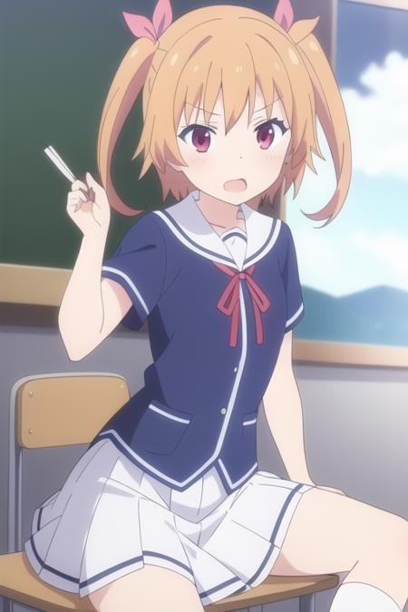 masterpiece, best quality,1girl,solo,anime screencap,harusaki chiwa,orange hair,short hair,twintails,red eyes, hair ribbon,school uniform,neck ribbon,blue shirt,white skirt, white legwear, <lora:harusakichiwa:0.5>
