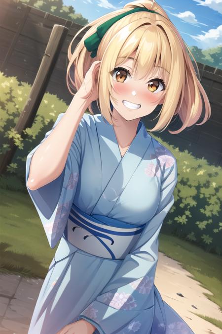 1girl, solo, masterpiece, best quality, absurdres, cute, ultra-detailed, (perfect anatomy, perfect hand), <lora:takanashi_yuzu-000150:0.6>, looking at viewer, blush, smile, hair bow, green bow, holding, upper body, ponytail, outdoors, grin, dutch angle, yukata