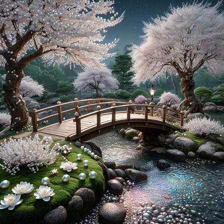 Pearlum,
8k, score_9, score_8_up, score_7_up,
masterpiece,realistic,ultra detailed, vibrant colors,photo-realistic,
A serene Japanese garden at twilight, featuring a tranquil koi pond with delicate water lilies, a traditional stone lantern glowing softly, moss-covered rocks, and a curved wooden bridge surrounded by blooming cherry blossoms. The scene is bathed in a pearlescent, iridescent glow, with gentle mist adding a mystical atmosphere. The Pearl Morph LoRA enhances the luminous textures of water, petals, and stones, creating a dreamy, ethereal aesthetic, highly detailed, cinematic lighting, vibrant yet soft colors, 8k resolution.