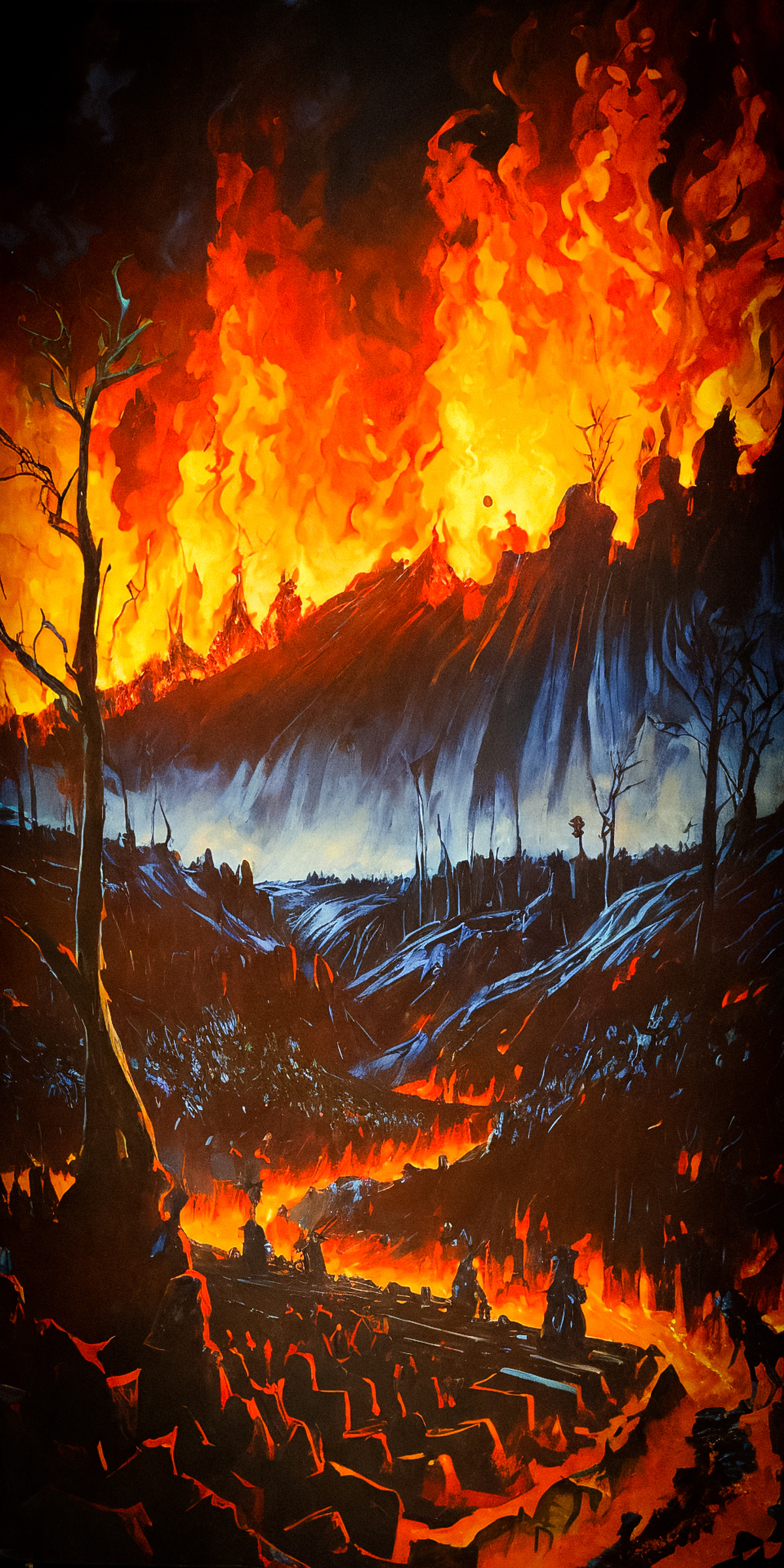A Painting of a Mountain on Fire with Trees in the Background